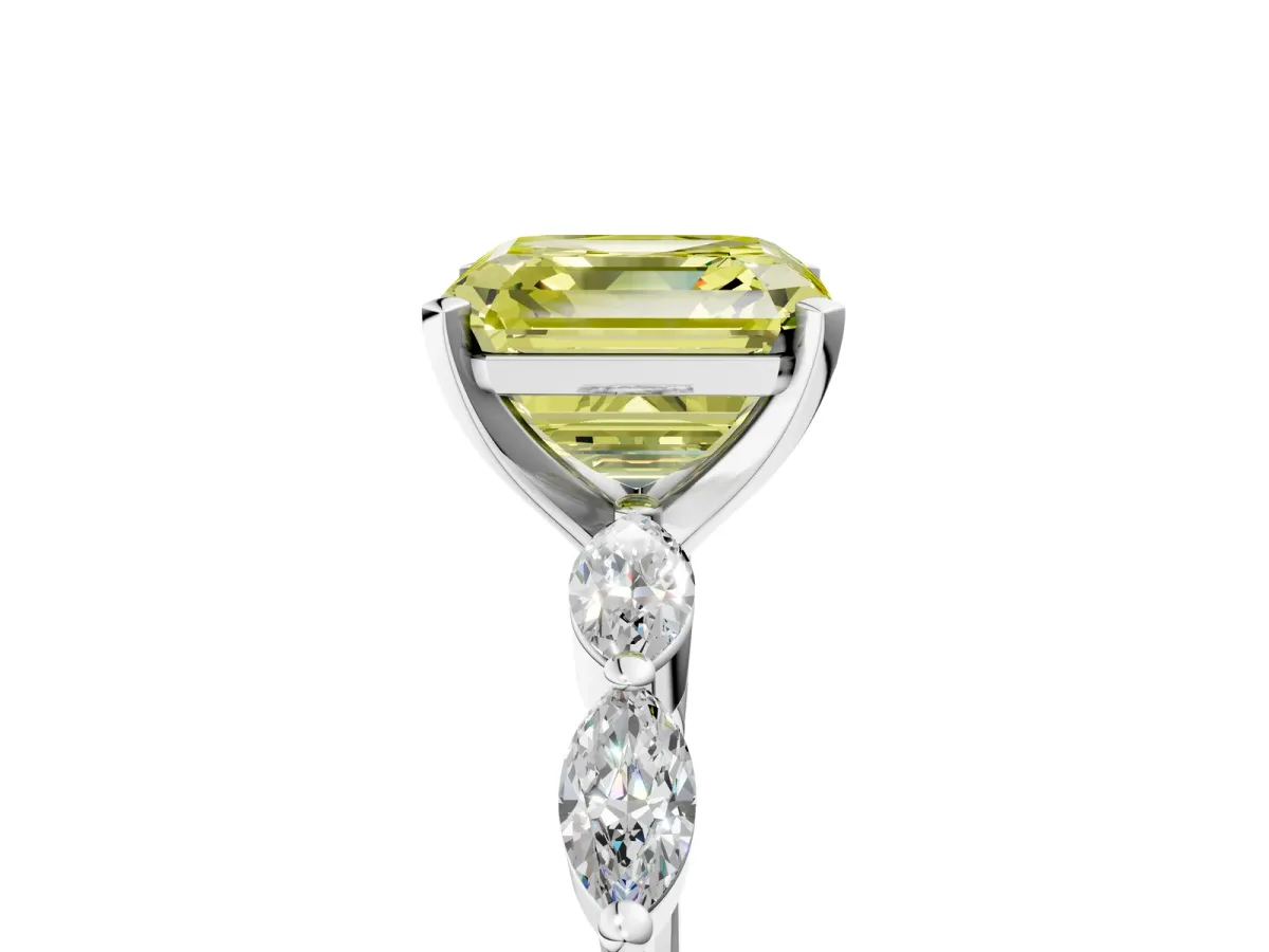 Fancy Yellow Asscher Cut Diamond Ring with Marquise Side Stones and Prong Setting Platinum