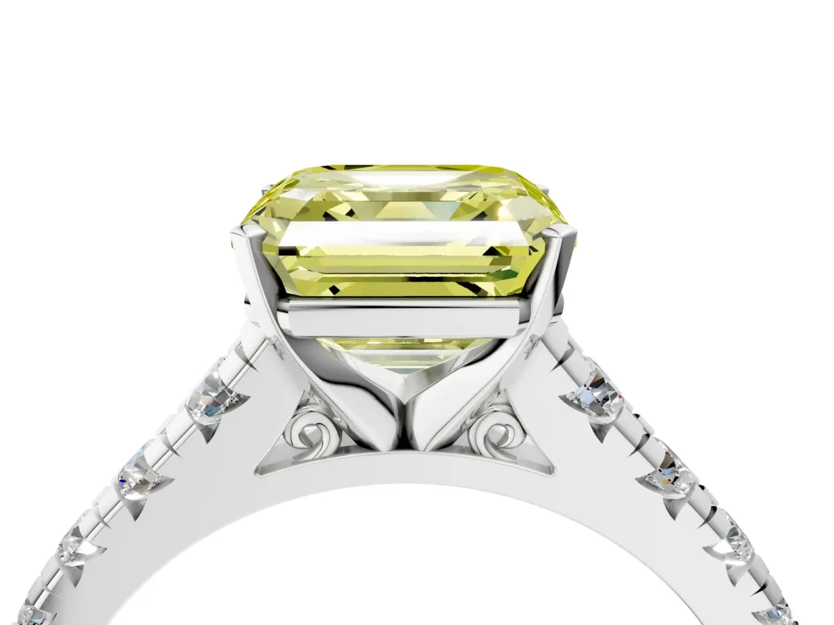 Fancy Yellow Asscher Cut Diamond Cathedral Solitaire Ring with Round Pavé Band Silver