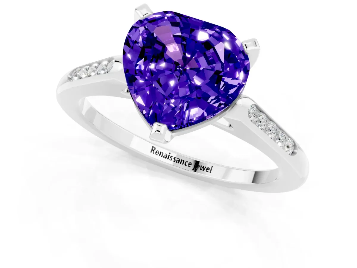 Heart Cut Tanzanite Solitaire Ring with Channel Set Round Band and Prong Setting Silver