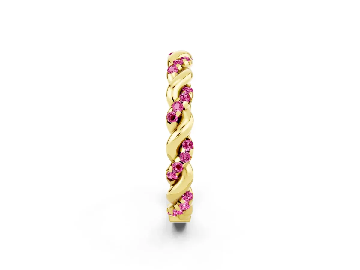 Twisted Pavé Round Pink Sapphire Eternity Band Yellow gold