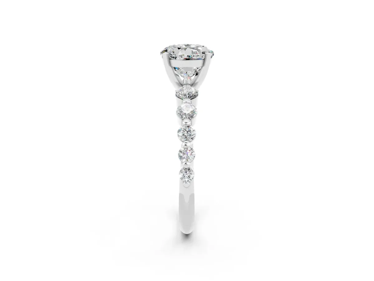 Round Cut Solitaire Moissanite Ring with Pave Band and Four-Prong Setting Silver