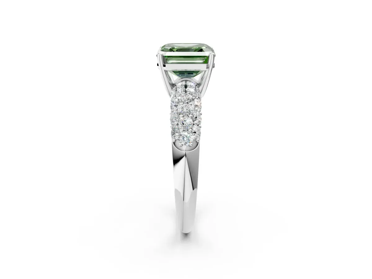 Fancy Green Asscher Cut Diamond Pavé Band Solitaire Ring with Four-Prong Setting Platinum