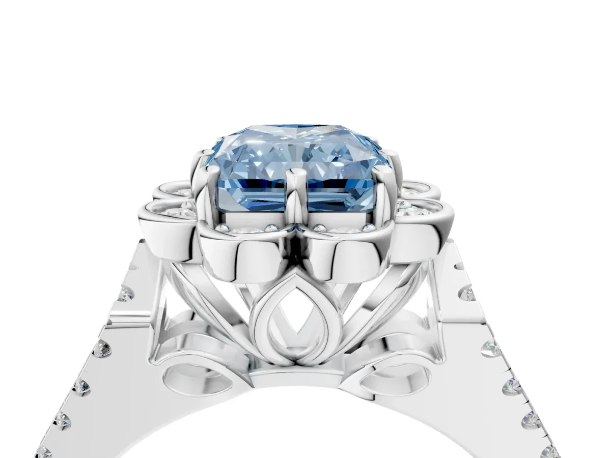 Fancy Blue Radiant Cut Halo Diamond Floral Split Shank Engagement Ring Platinum