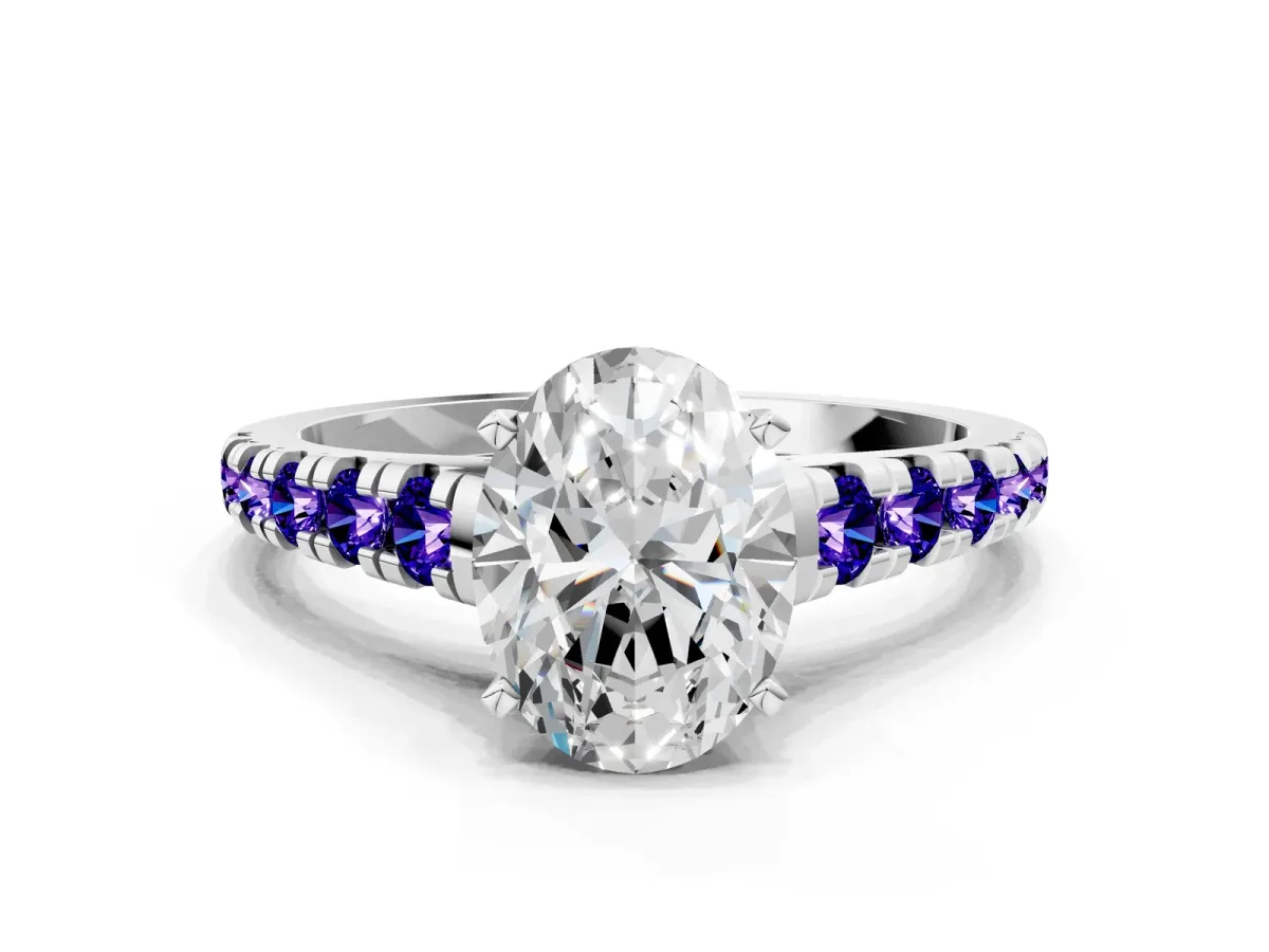 Oval Cut Diamond Cathedral Solitaire Ring with Round Tanzanite Pavé Band Silver