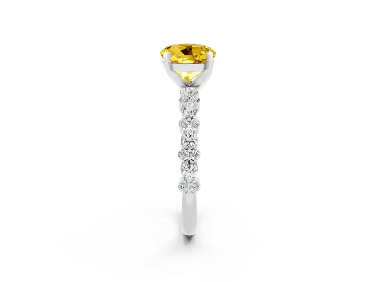 Round Cut Yellow Sapphire Side Stone Solitaire Ring with Round and Four-Prong Setting White gold