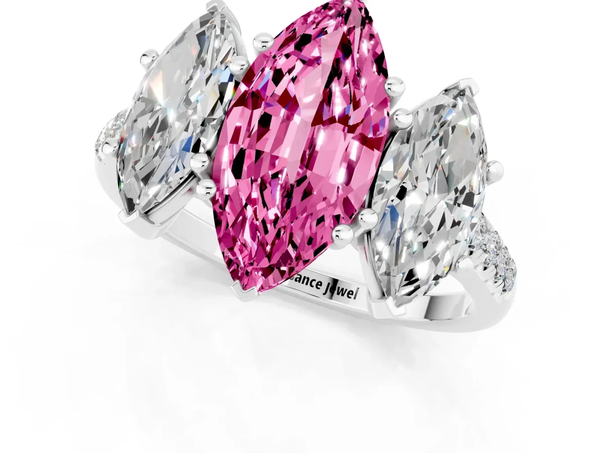 Three-Stone Marquise Cut Pink Sapphire Ring with Round Pavé Band and Prong Setting Silver