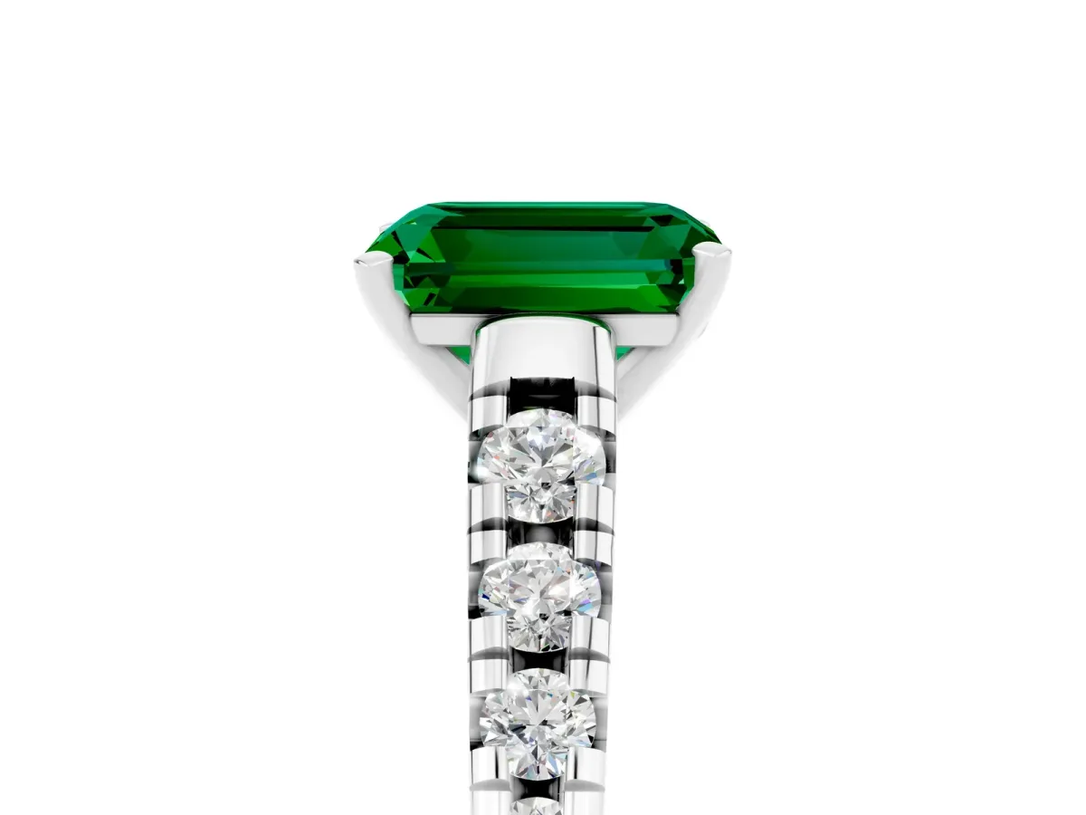 Emerald Cut Emerald Cathedral Solitaire Ring with Round Pavé Band White gold