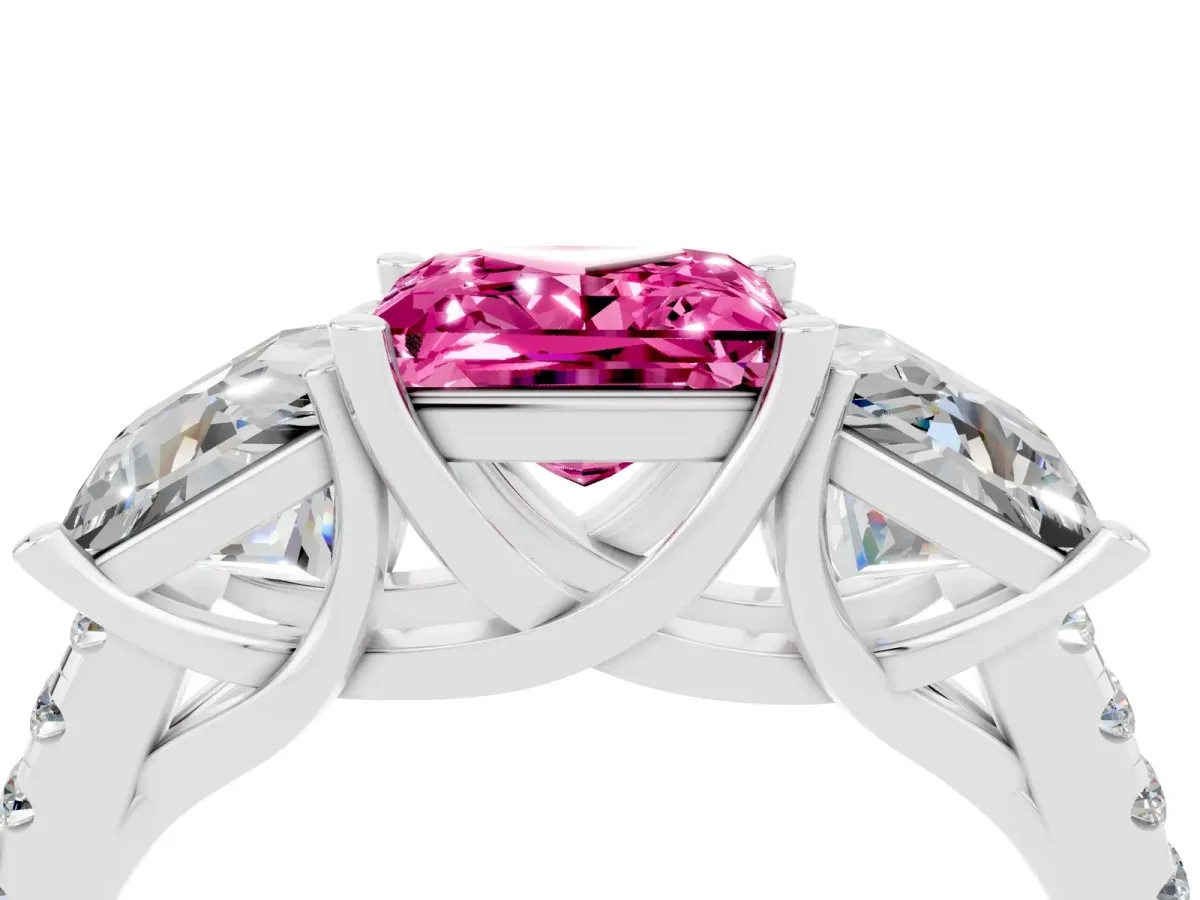 Three-Stone Princess Cut Pink Sapphire Ring with Round Pavé Band and Prong Setting Silver