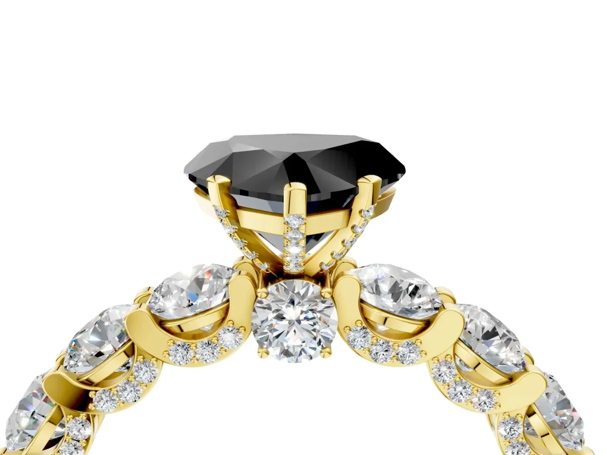 Fancy Black Heart Cut Diamond Side Stone Engagement Ring with Four-Prong Setting Yellow gold
