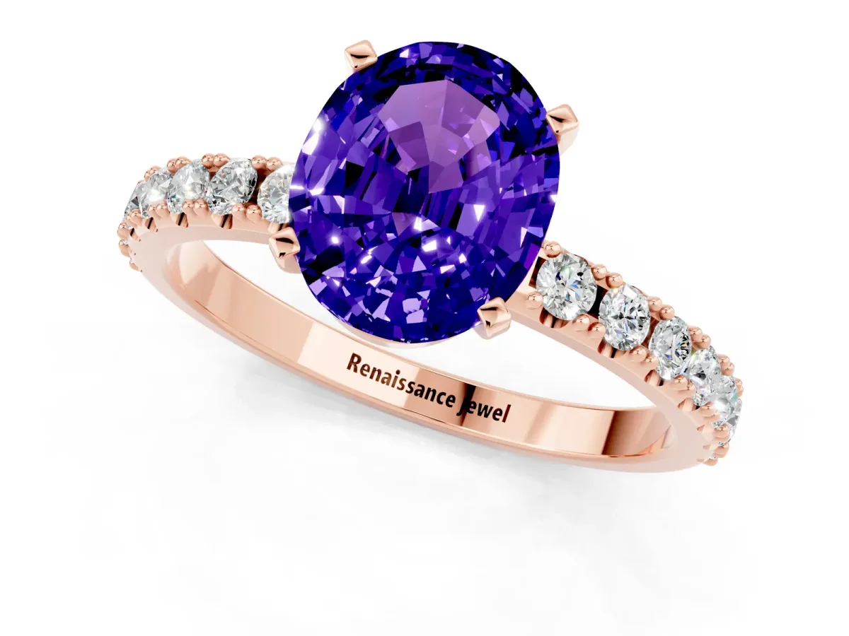 Oval Cut Tanzanite Solitaire Pavé Band with Four-Prong Setting Rose gold