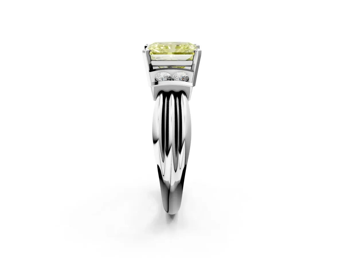 Fancy Yellow Radiant Cut Cut Three-Stone Channel Set Ring with Bar Prongs Platinum