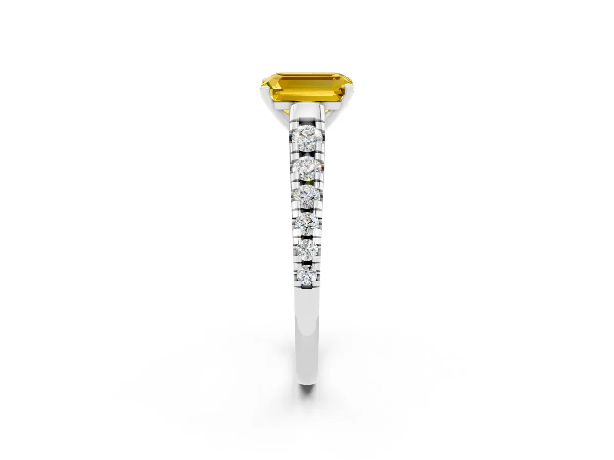 Emerald Cut Yellow Sapphire Cathedral Solitaire Ring with Round Pavé Band Silver