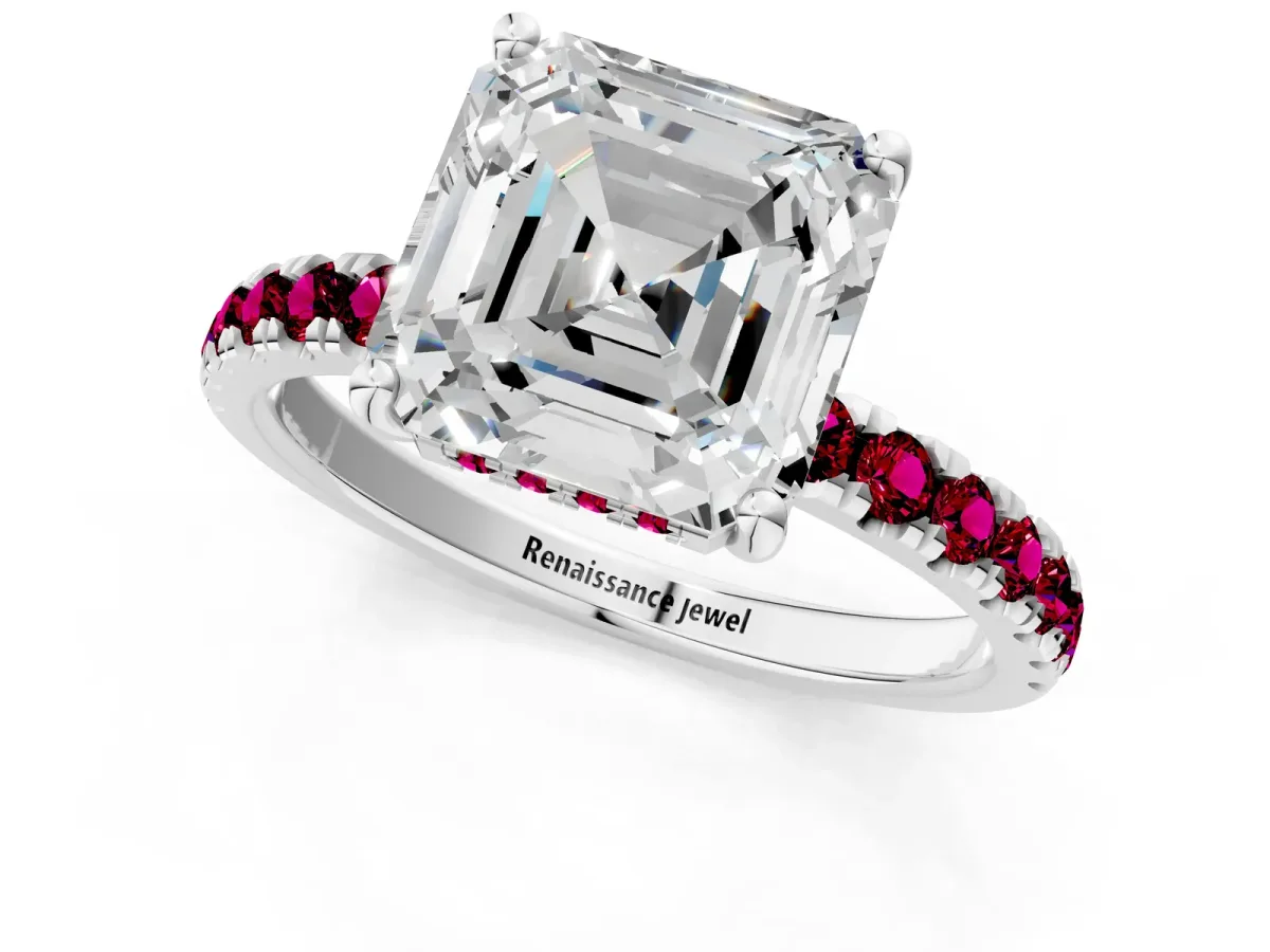 Asscher Cut Diamond Pave Band Solitaire Ring with Round Garnet and Prong Setting Platinum