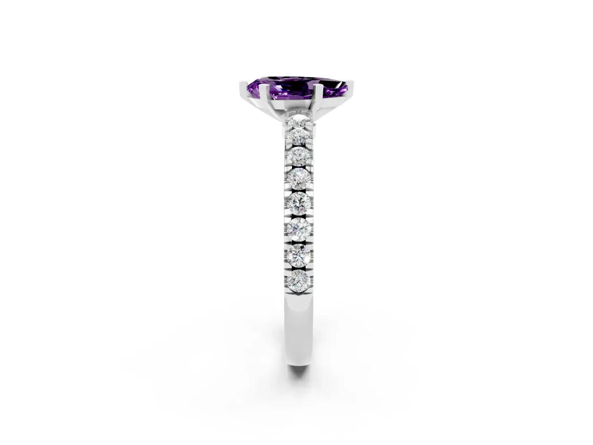 Pear Cut Solitaire Amethyst with Pavé Band and Four-Prong Setting Silver