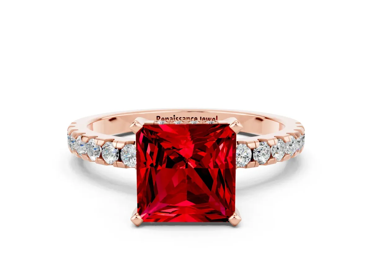 Princess Cut Ruby Solitaire Ring with Round Pavé Band and Four-Prong Setting Rose gold