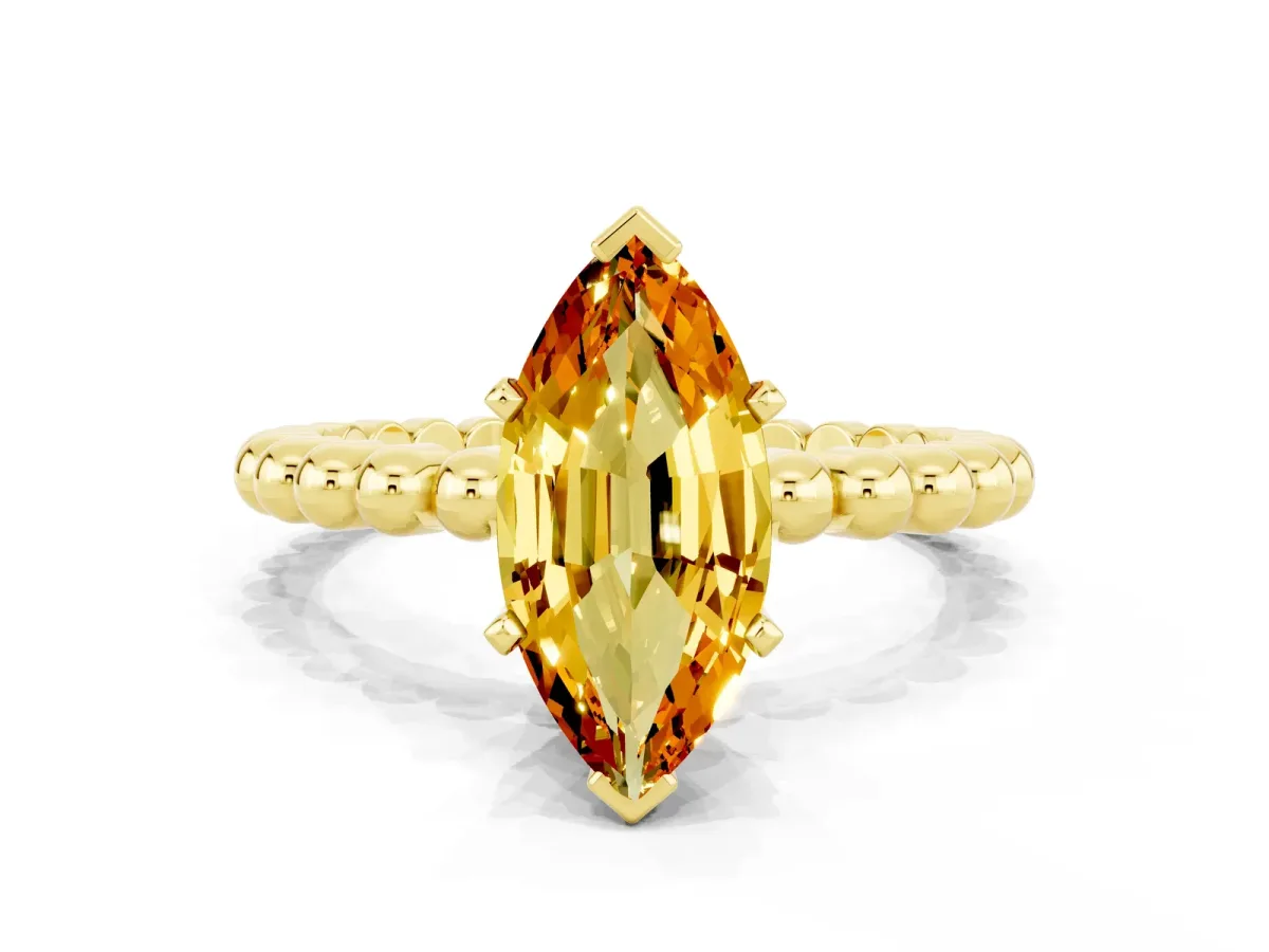Marquise Cut Citrine Solitaire Ring with Beaded Band and Prong Setting Yellow gold