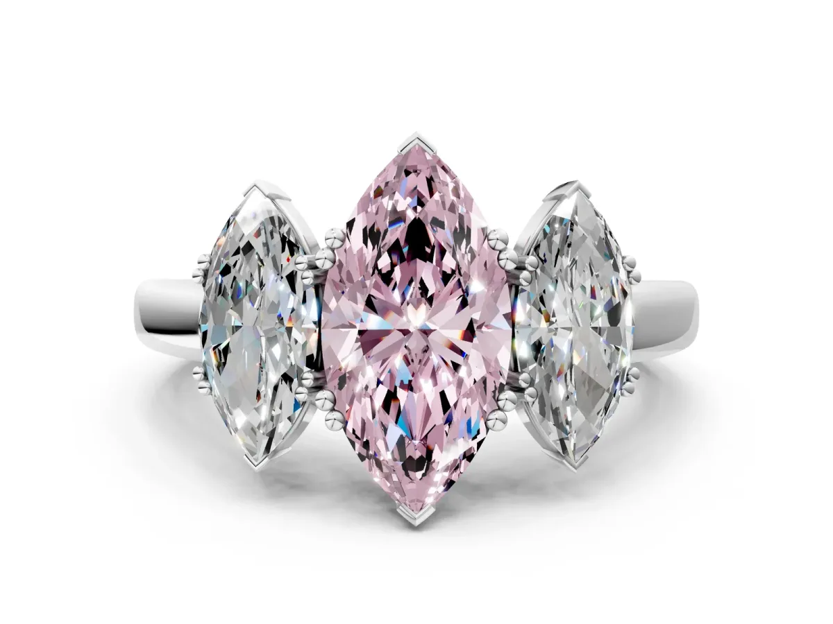 Fancy Pink Three-Stone Marquise Cut Cut Diamond Ring with Channel Set Band and Four-Prong Setting Silver