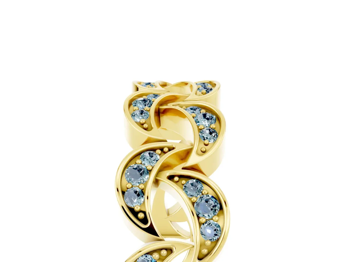 Pavé Round Aquamarine Interlocking Eternity Band with Bezel Prong Setting Yellow gold