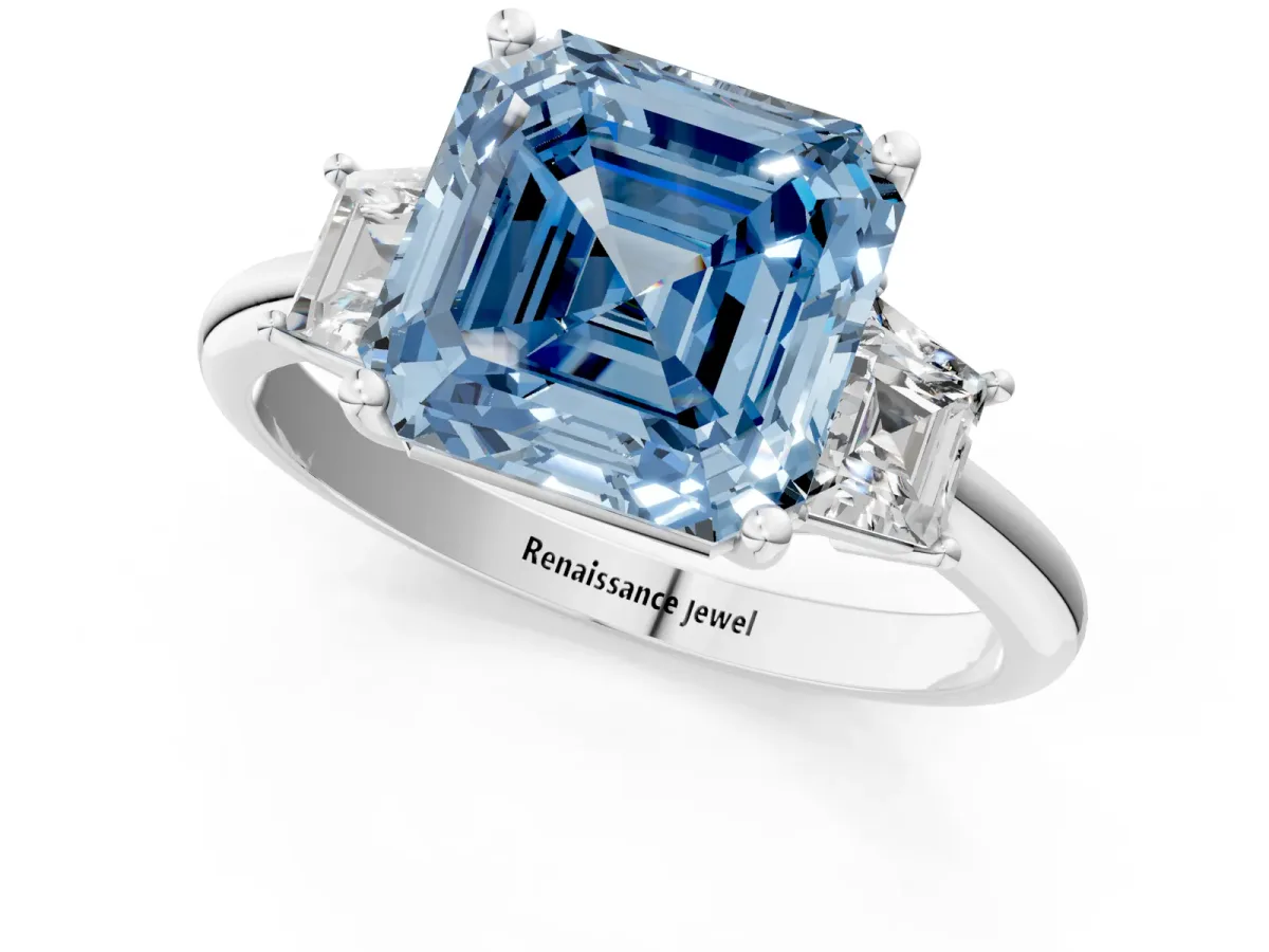 Fancy Blue Asscher Cut Diamond Three-Stone Ring with Trapezoid Side Stones and Prong Setting Silver