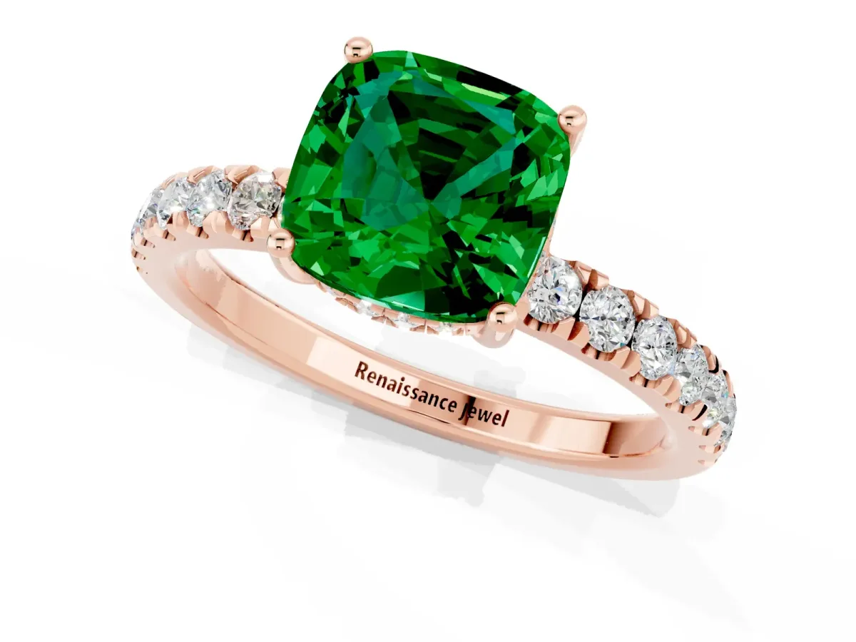 Cushion Cut Emerald Pave Band Solitaire Ring with Round and Prong Setting Rose gold