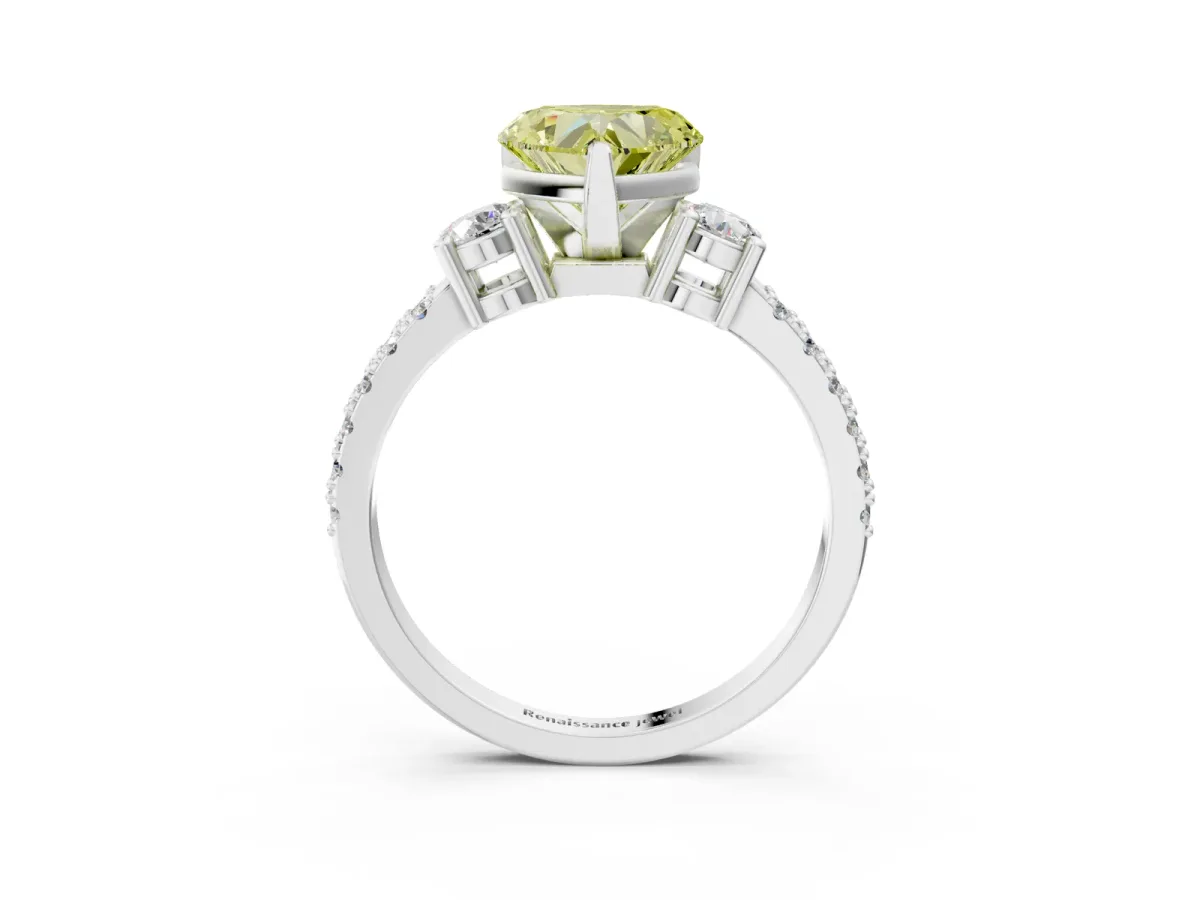 Fancy Yellow Heart Cut Cut Three-Stone Diamond Pavé Band with Prong Setting Platinum