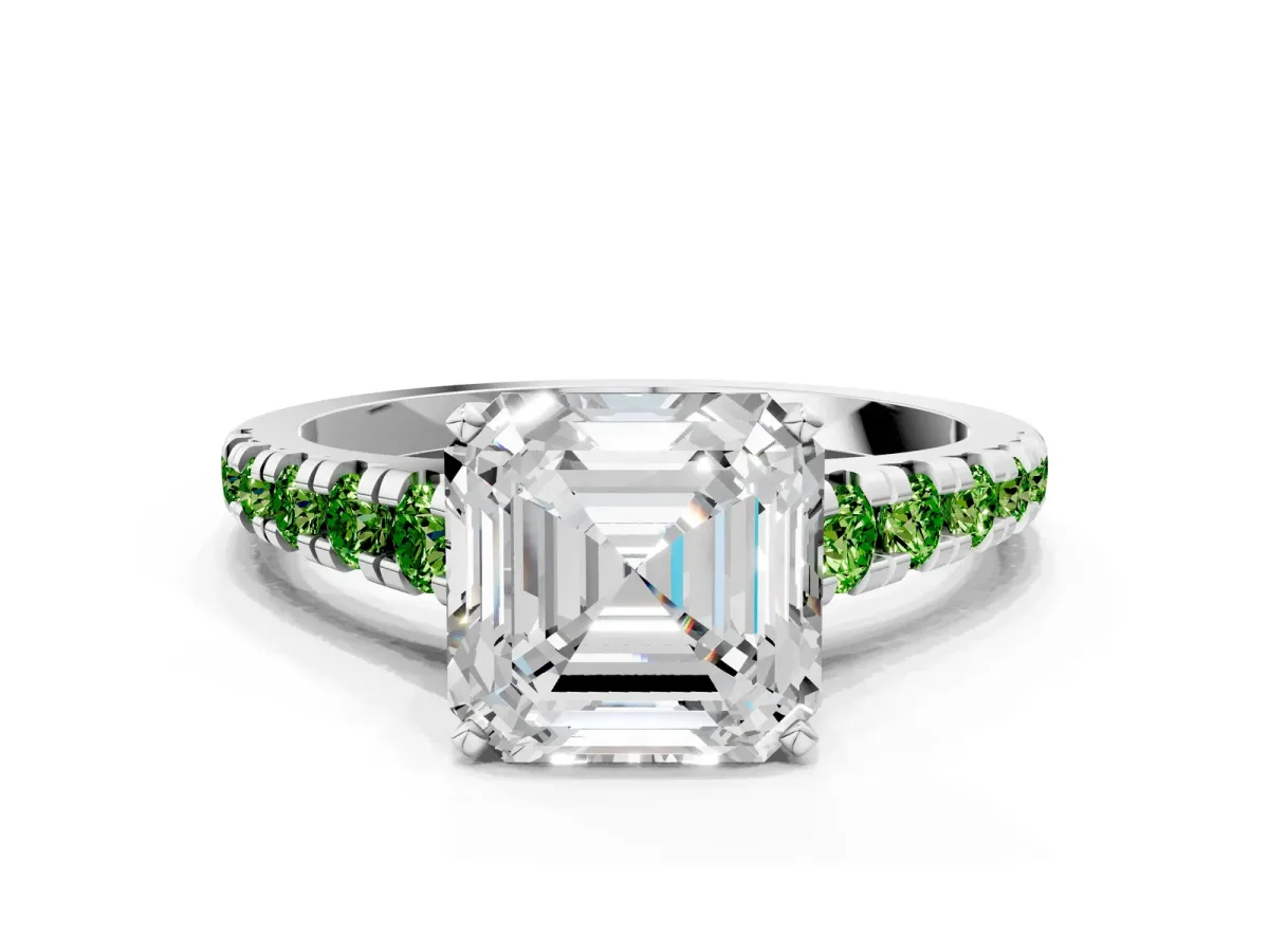 Asscher Cut Diamond Cathedral Solitaire Ring with Round Peridot Pavé Band Silver