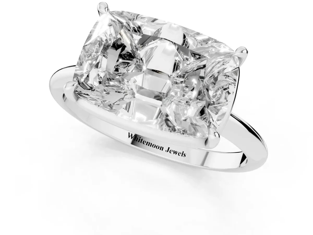 Old Mine Elongated Cushion Diamond East-West Bezel Set Four Claw Solitaire Ring Platinum