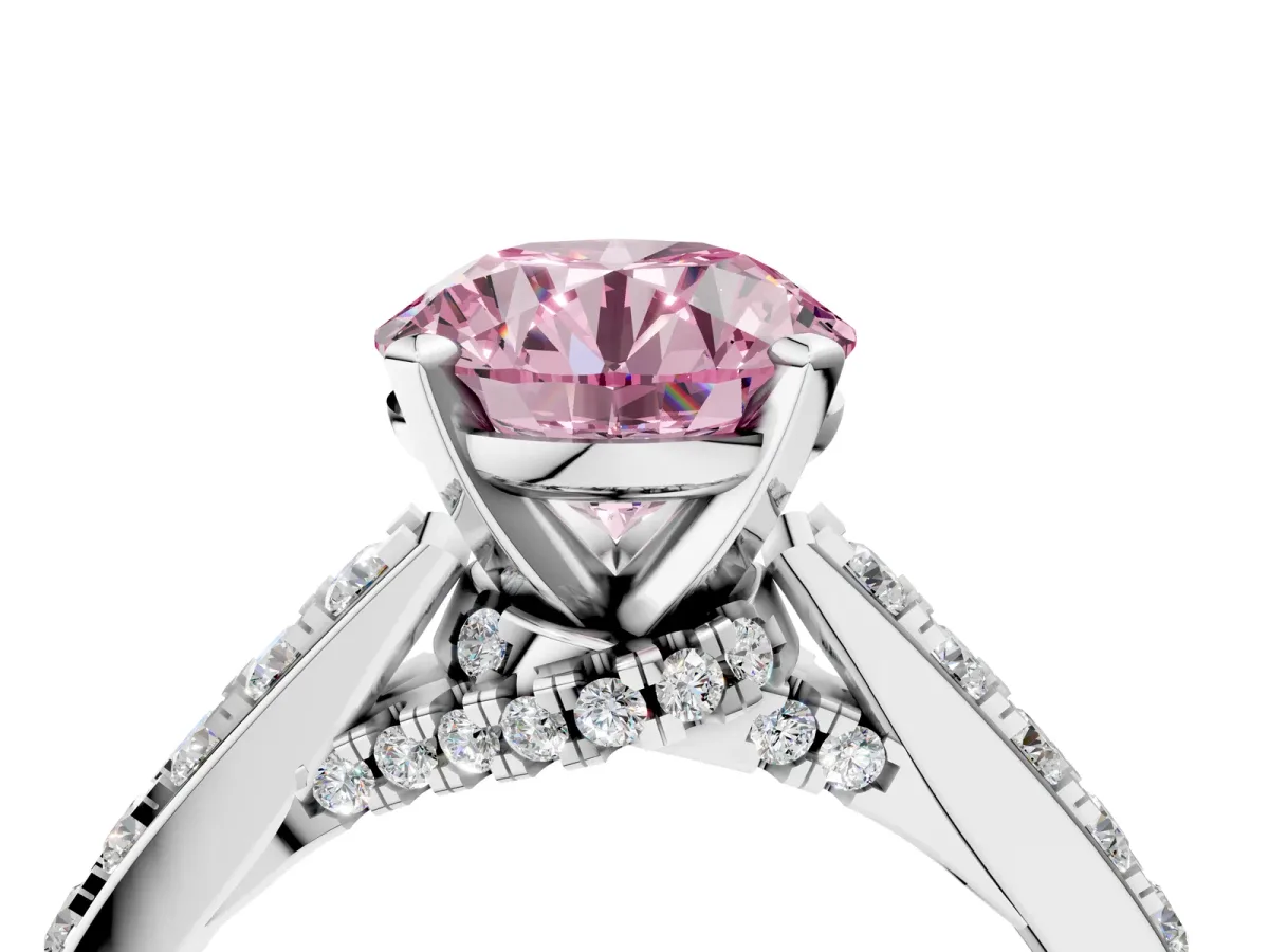 Fancy Pink Round Cut Diamond Solitaire Ring with Crossover Gallery and Round Pavé Band Silver