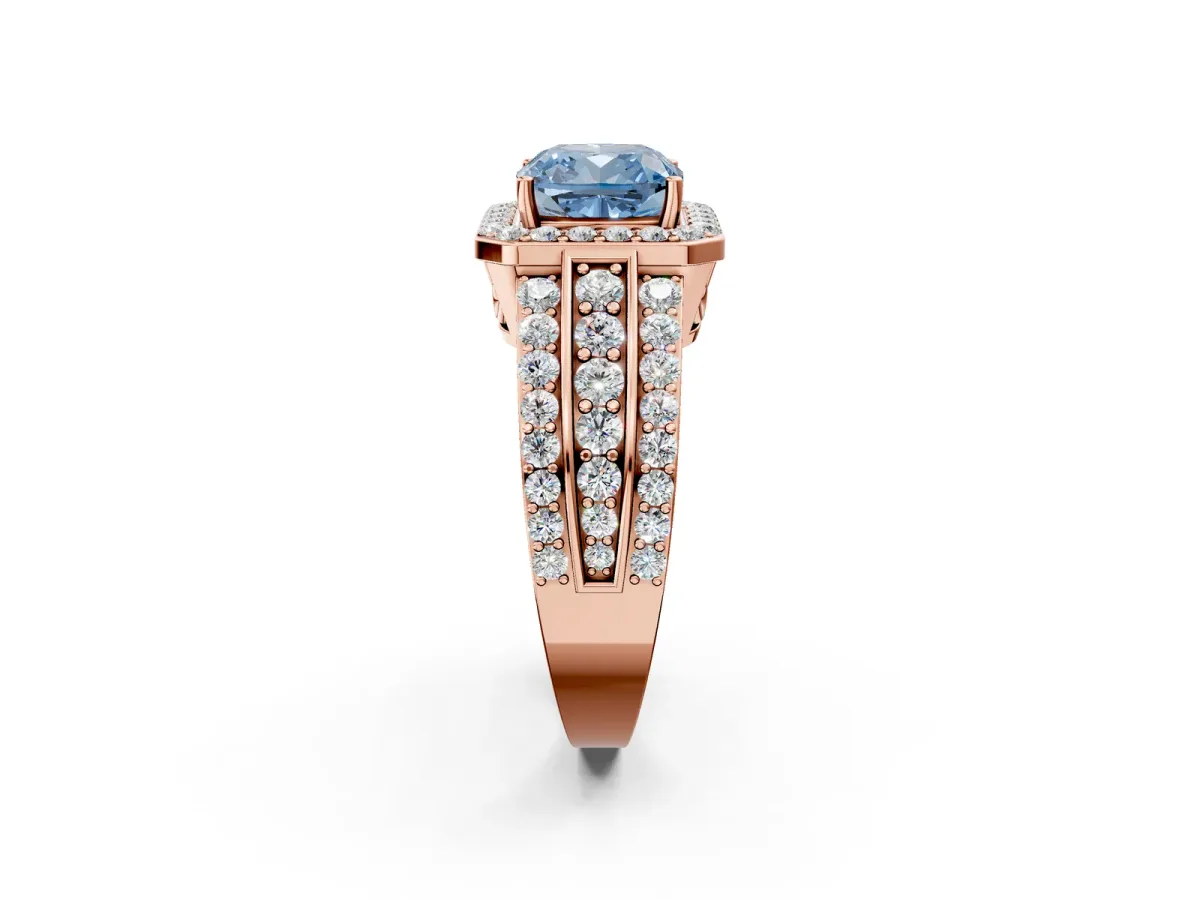 Fancy Blue Cushion Cut Halo Diamond Ring with Round Split Shank and Prong Setting Rose gold