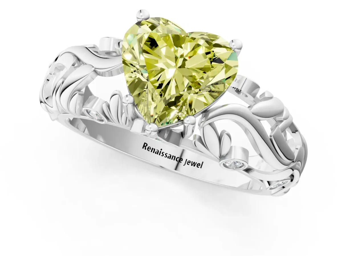Fancy Yellow Heart Cut Solitaire Diamond Leaf-Inspired Vine Band Ring with Prong Setting Platinum