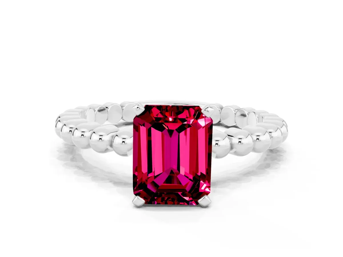 Emerald Cut Garnet Solitaire Ring with Beaded Band and Prong Setting White gold