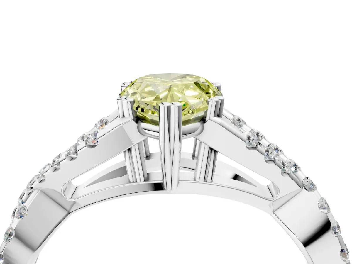 Fancy Yellow Pear Cut Diamond Solitaire Ring with Four-Prong Setting and Twisted Pavé Band Platinum