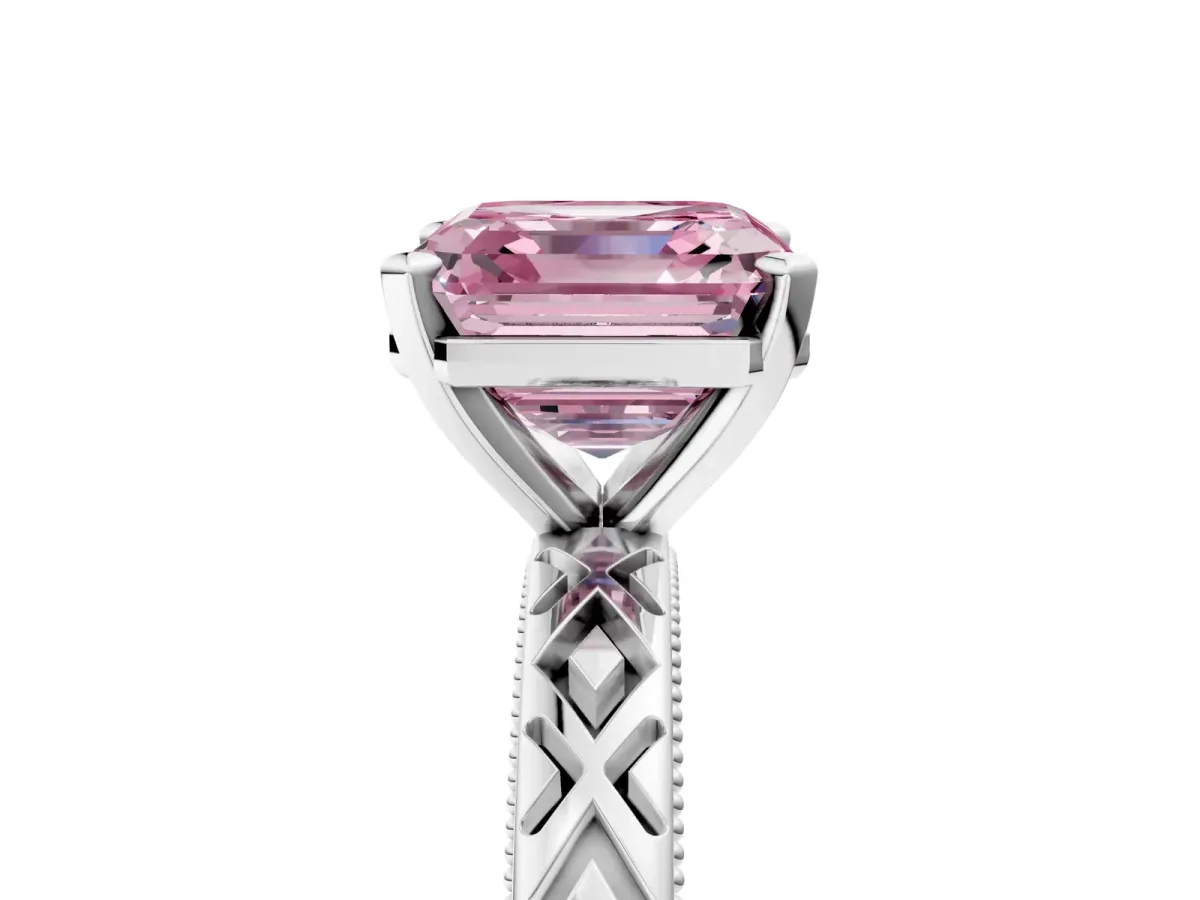 Fancy Pink Asscher Cut Solitaire Diamond Ring with Milgrain and Black Enamel X Pattern Band Platinum