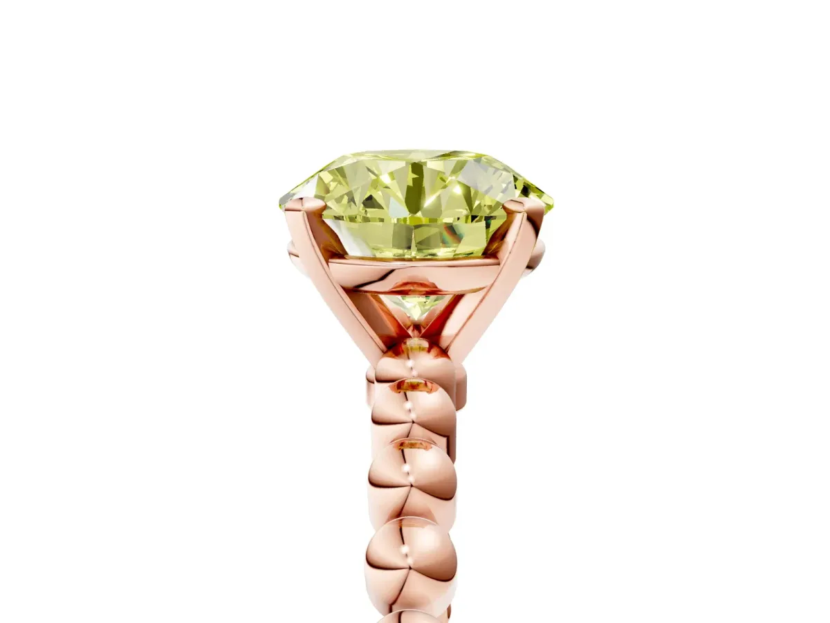 Fancy Yellow Round Cut Diamond Solitaire Ring with Beaded Band and Prong Setting Rose gold