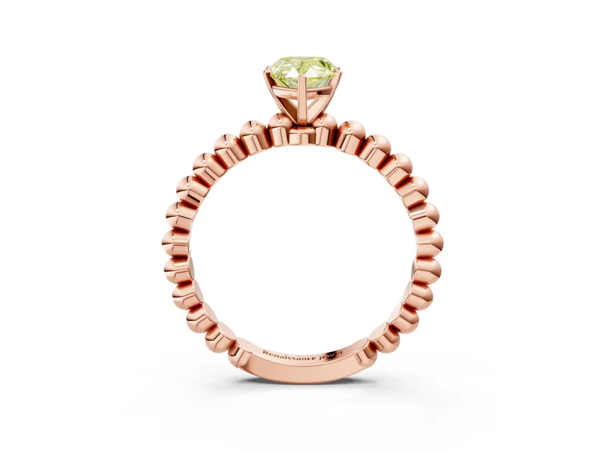 Fancy Yellow Pear Cut Diamond Solitaire Ring with Beaded Band and Prong Setting Rose gold