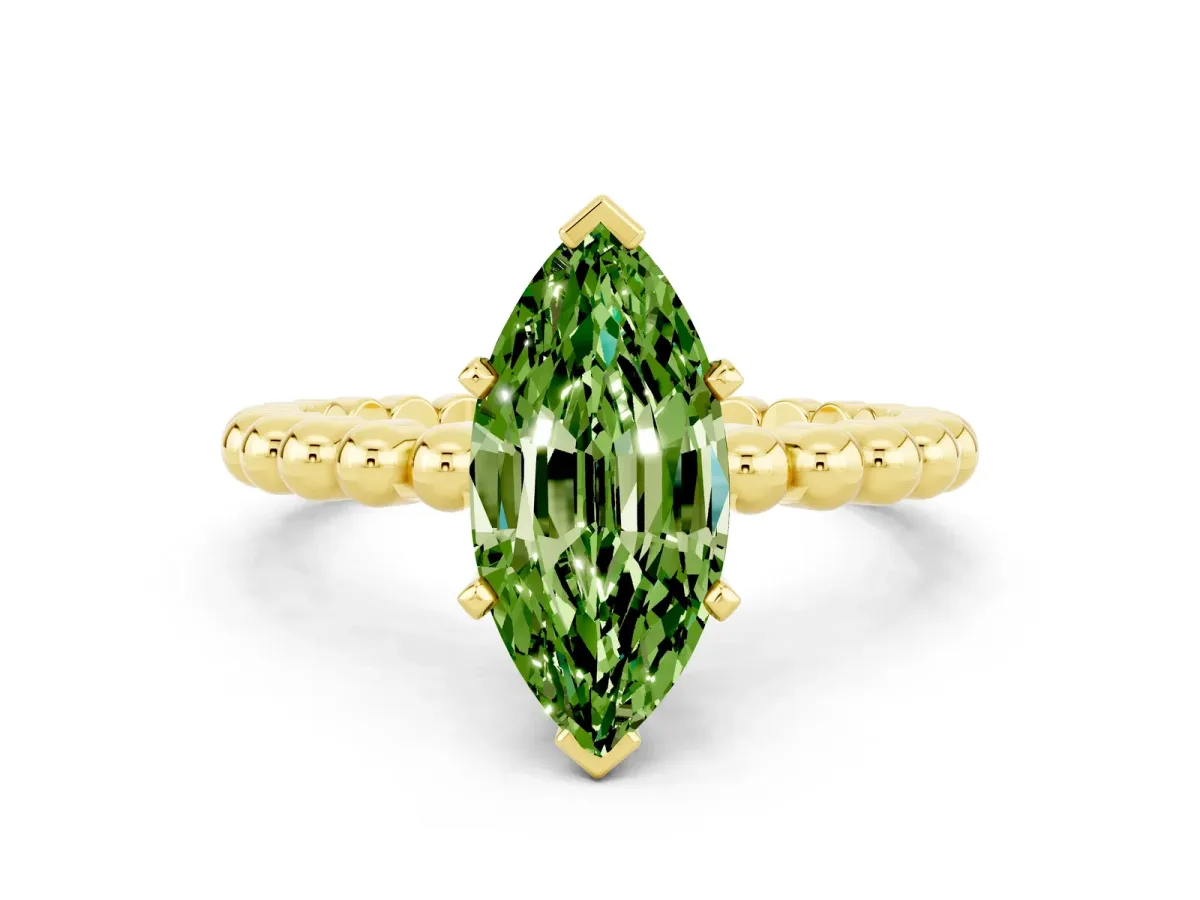 Marquise Cut Peridot Solitaire Ring with Beaded Band and Prong Setting Yellow gold