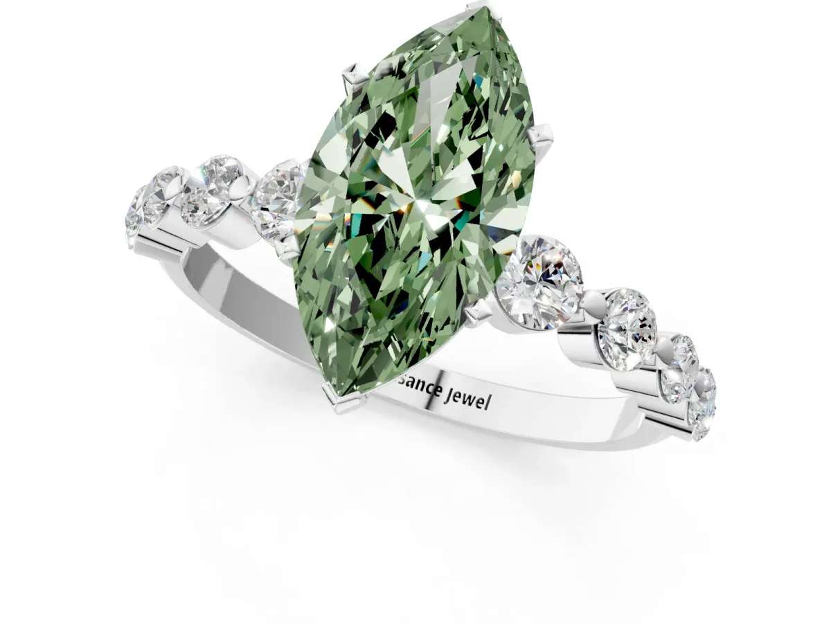 Fancy Green Marquise Cut Solitaire Diamond Ring with Pave Band and Four-Prong Setting Silver