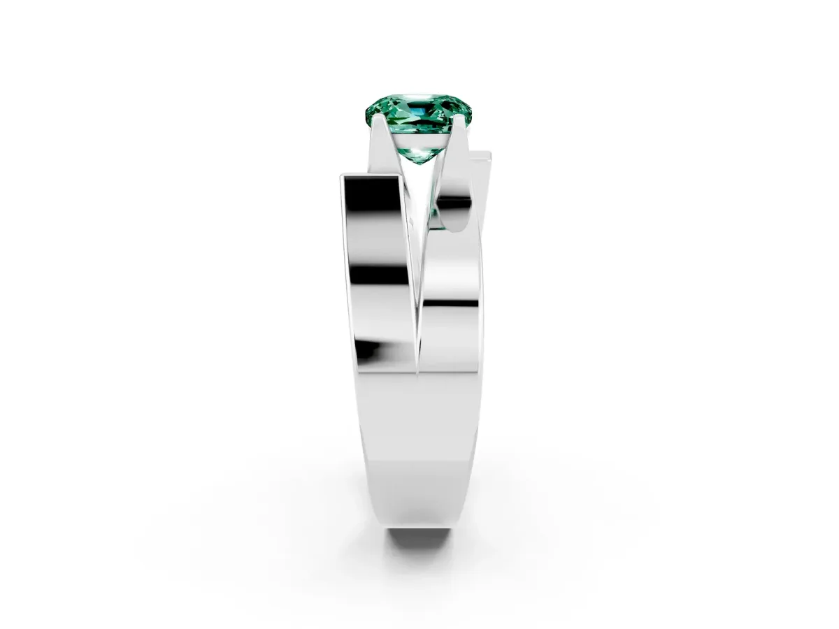 Modern Tension Set Cushion Cut Green Sapphire Solitaire Wide Band Ring Silver
