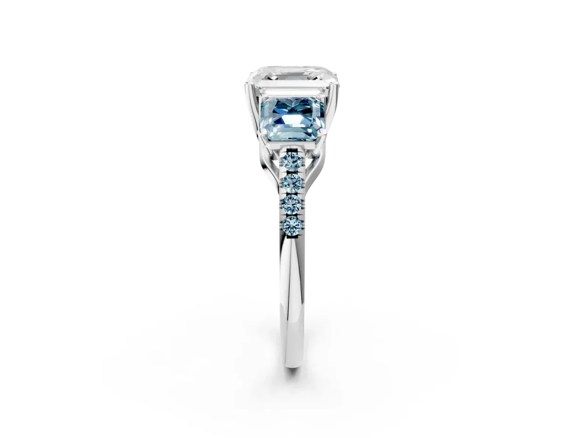 Three-Stone Asscher Cut Diamond Ring with Round Aquamarine Pavé Band and Prong Setting Silver