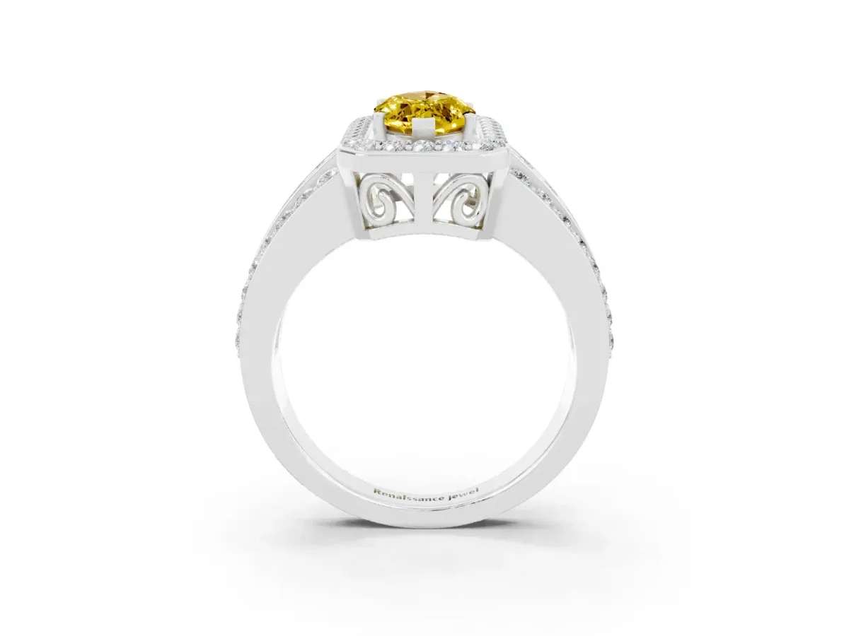 Marquise Cut Halo Yellow Sapphire Ring with Round Split Shank and Prong Setting Silver