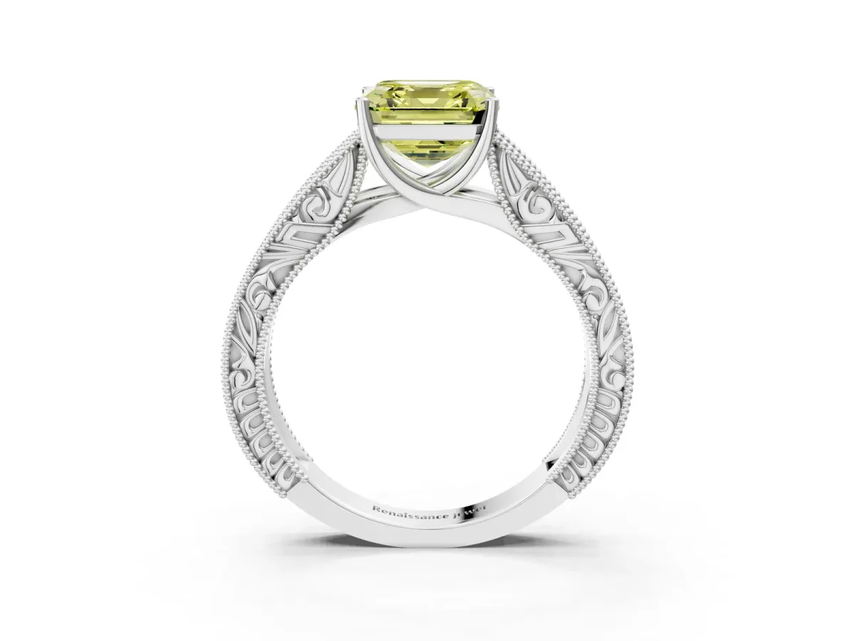 Fancy Yellow Asscher Cut Diamond Solitaire Ring with Engraved Band and Four-Prong Setting Platinum