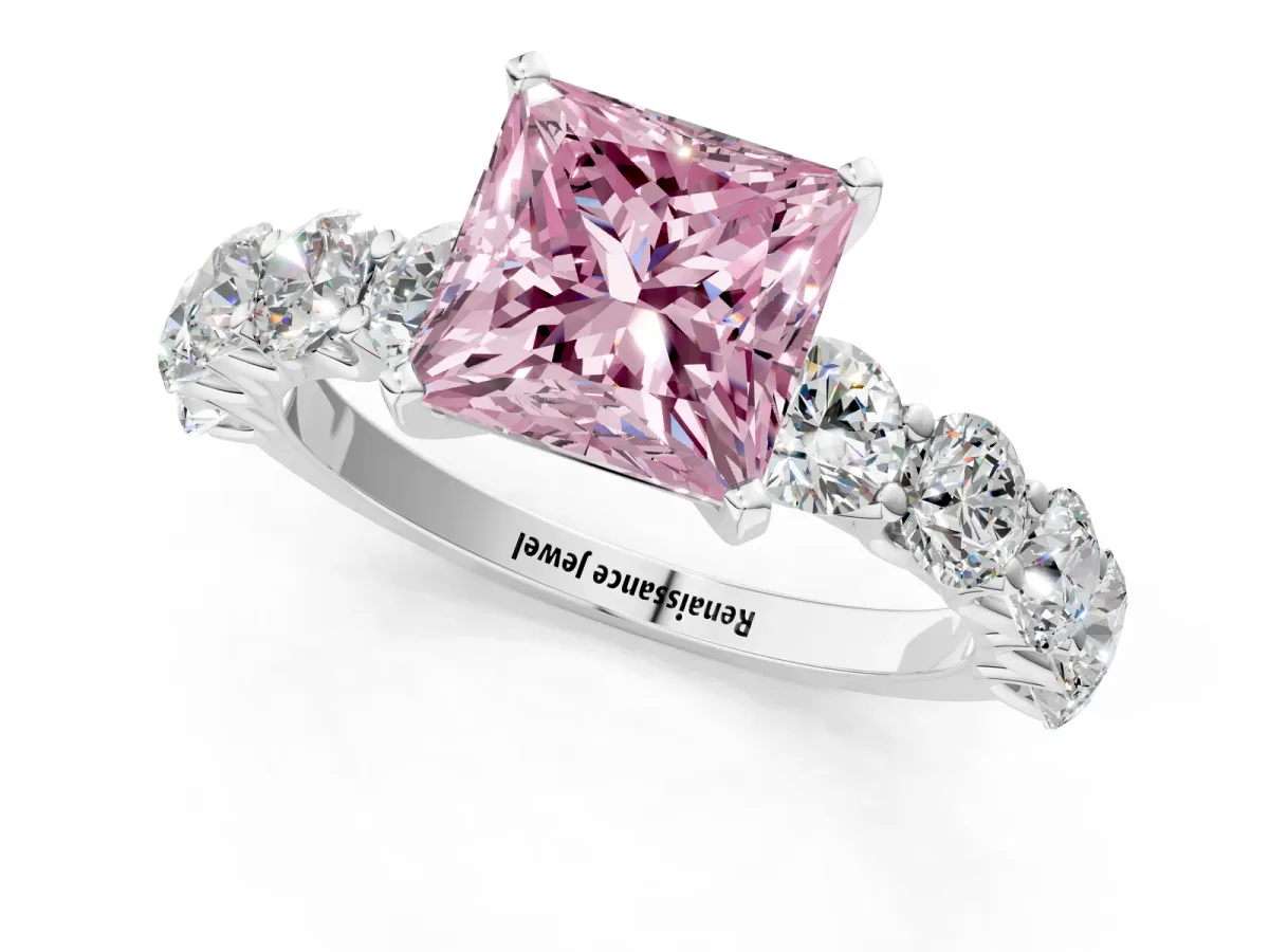 Fancy Pink Princess Cut Diamond Prong Setting with Side Stones on a Pave Band Silver