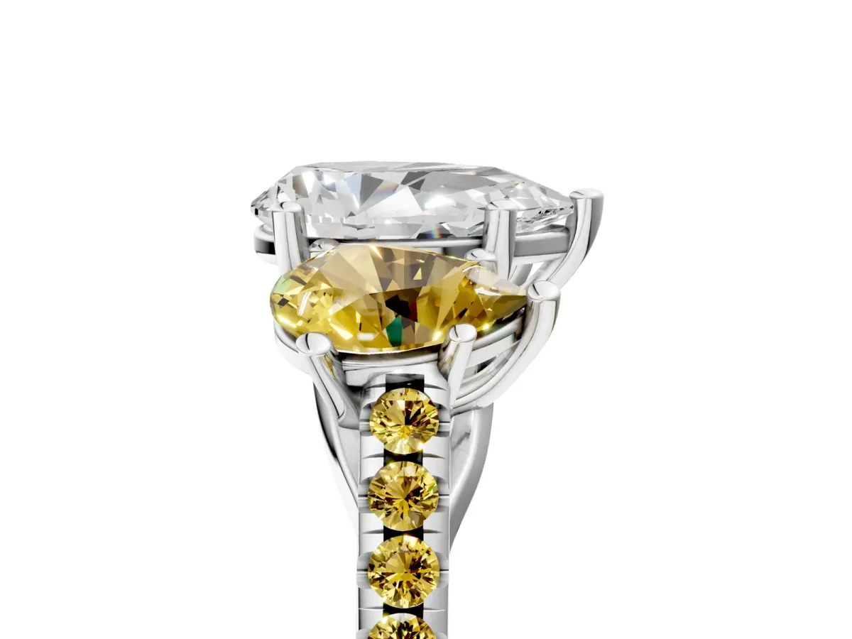 Three-Stone Pear Cut Diamond Ring with Round Yellow Sapphire Pavé Band and Prong Setting Silver
