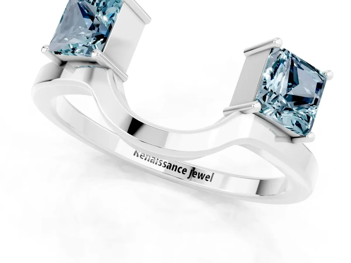 Princess Cut Aquamarine Two-Stone Open Band Ring with Four-Prong Setting Silver