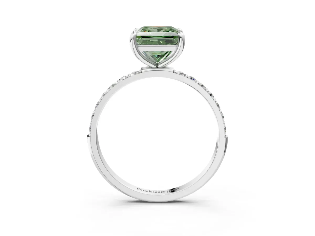 Fancy Green Princess Cut Diamond Solitaire Ring with Round Pavé Band and Prong Setting Silver