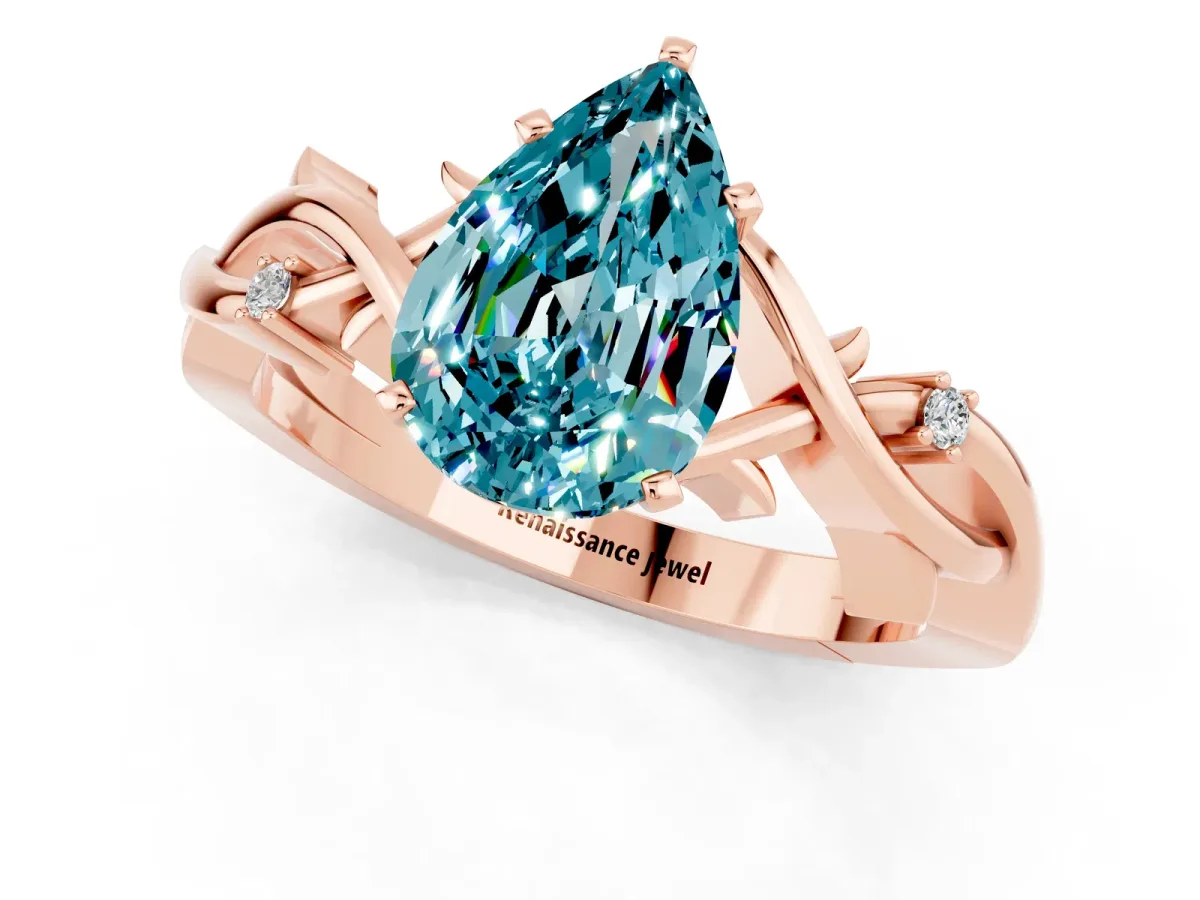 Pear Cut Blue Topaz Solitaire Ring with Twisted Band and Prong Setting Rose gold
