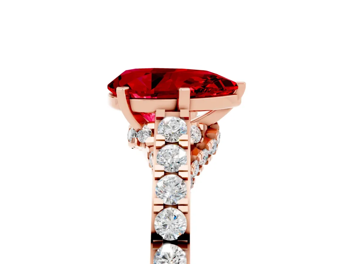 Pear Cut Ruby Solitaire Ring with Crossover Gallery and Round Pavé Band Rose gold