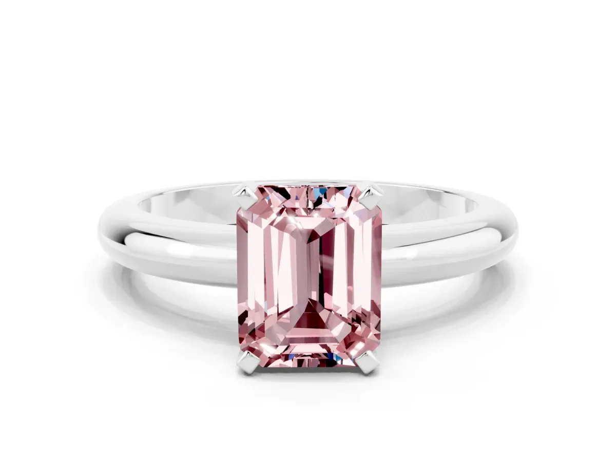 Emerald Cut Morganite Solitaire Engagement Ring with Round Band and Four-Prong Setting Silver