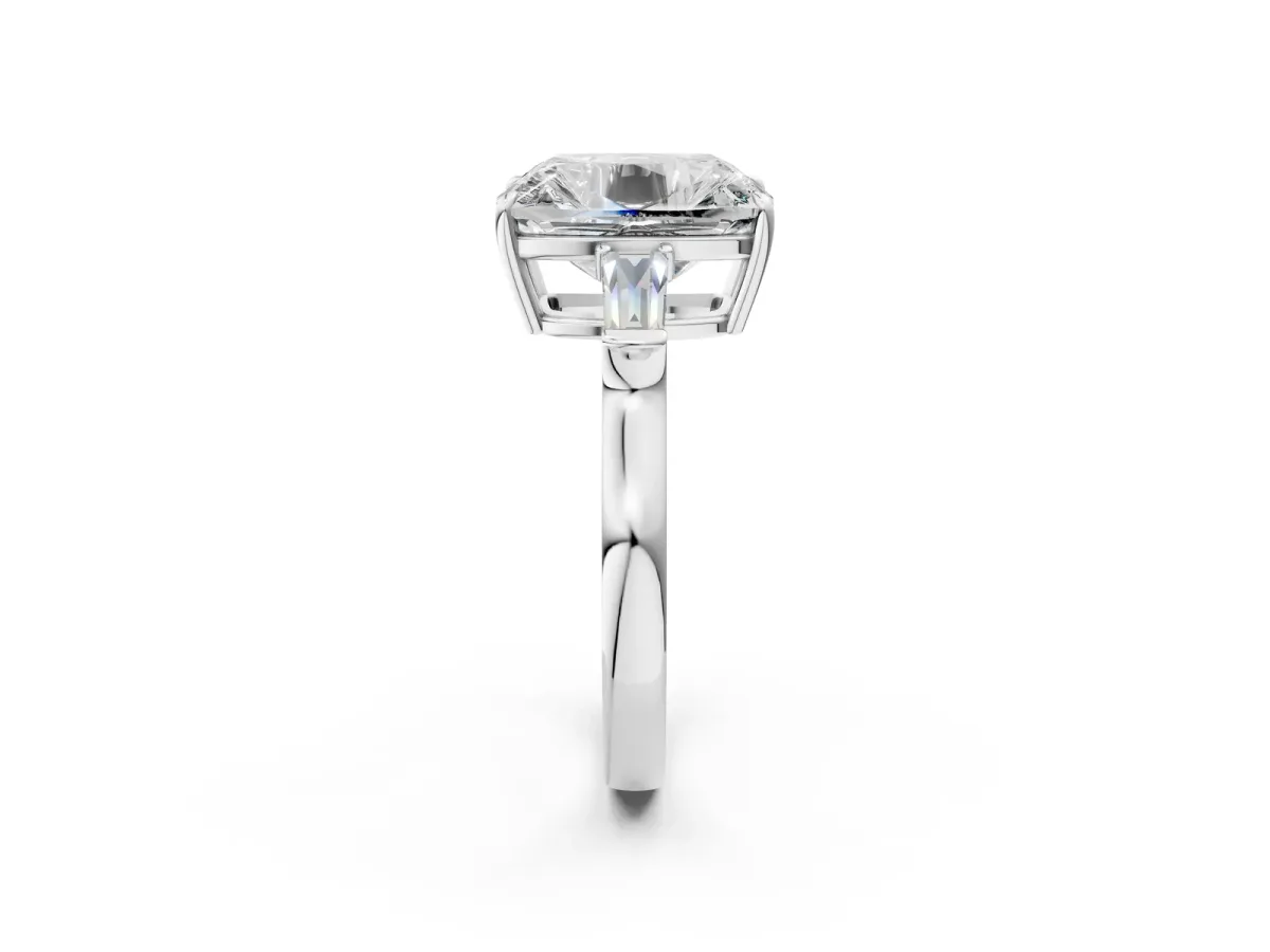 Old Mine Elongated Cushion Diamond with Side Tapered Baguette Three Stone Ring Silver