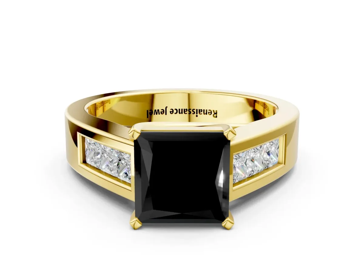 Fancy Black Princess Cut Cut Channel Set Solitaire Ring with Four-Prong Setting Yellow gold